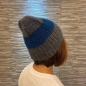 純手工編織毛帽 - 灰配孔雀藍