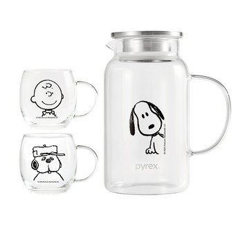 【康寧 Pyrex】SNOOPY史努比 黑白復刻耐熱玻璃1壺2杯組/1450ML/蛋杯