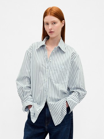 女裝 Logo純棉刺繡翻領長袖襯衫-綠色條紋