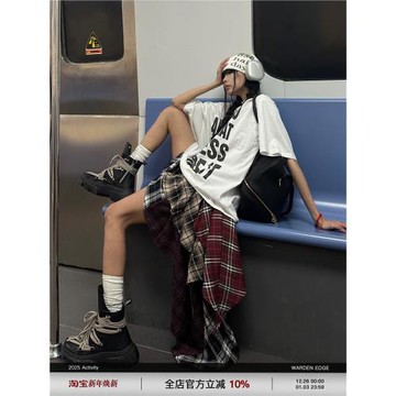 韓好甜WARDEN EDGE叛逆旋律 拼接格子裙女設計感不規則辣妹半身裙
