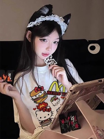 重磅100%純棉國潮HelloKitty印花可愛短袖T卹女夏季寬鬆休閒上衣