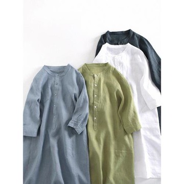 亞麻連衣裙女純色休閑苧麻襯衫裙寬松顯瘦大碼胖MM中袖棉麻長裙子