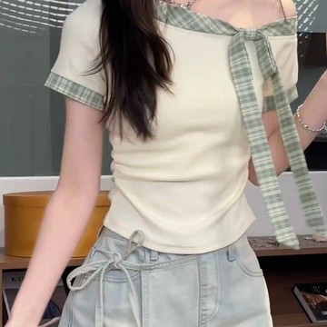 售完無補 先到先得   韓系上衣 韓系 上衣 短袖 韓版 女裝 衣服 T恤 韓系撞色拼接格子露肩短袖t恤女2025夏季氣