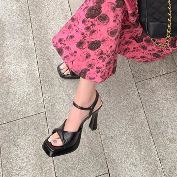 法式厚底方頭高跟鞋防水臺真羊皮粗跟涼鞋女2023年夏新款女鞋10cm