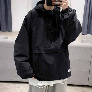 早秋半拉鏈連帽外套男套頭chic港風復古ins潮牌百搭潮流寬松風衣