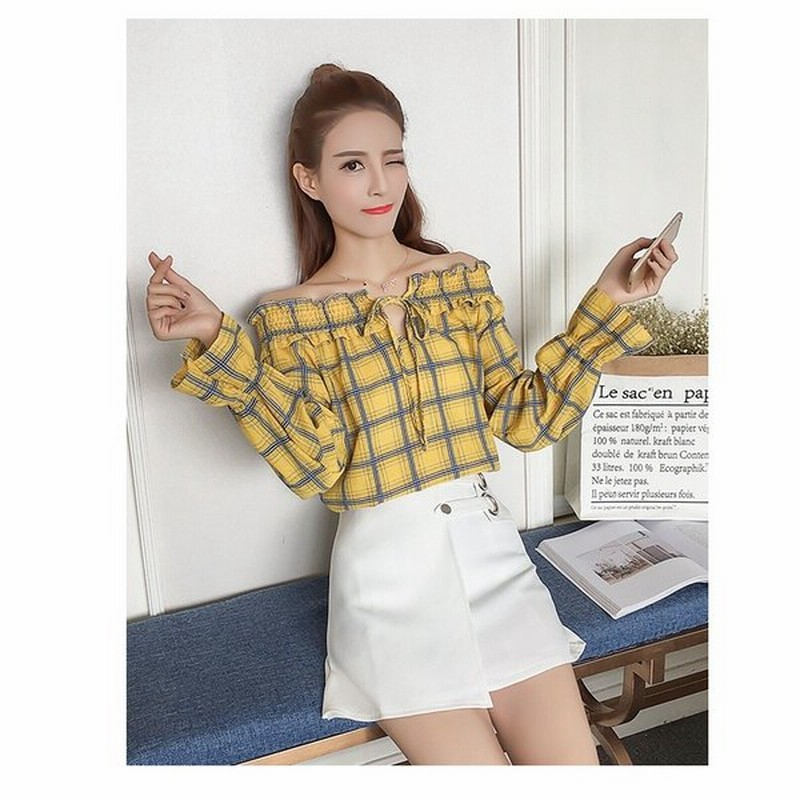 オフショルダー オフショル Tシャツ 長袖 レディース チェック ロング Tシャツ ロンt イエロー 通販 Lineポイント最大0 5 Get Lineショッピング