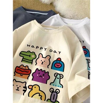 100%純棉短袖洋氣ins潮不起球寬松卡通印花T恤男女學生慵懶風上衣