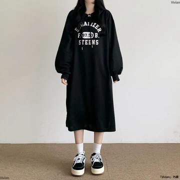韓系慵懶連衣裙春秋女裝薄印花長裙連帽寬鬆加絨衛衣裙冬