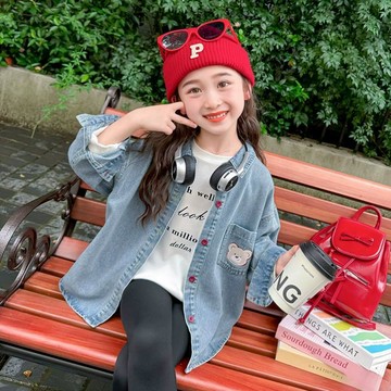 Mini baby🌷女童牛仔襯衫春秋女孩小熊韓版襯衣兒童時尚秋裝薄款外套