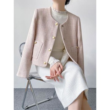 韓帛雅輕奢名媛粉色毛呢小香風外套女2025年秋冬新款氣質短款上衣