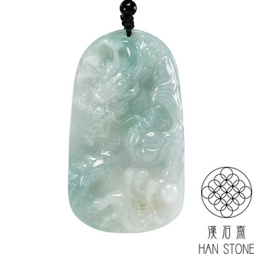 【漢石齋】天然翡翠A貨 護主龍牌玉佩吊墜 冰糯種飄花帶藍水(42*75*11mm)