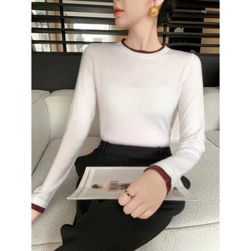 60支精紡揚子紗線羊毛打底衫女圓領假兩件薄款顯瘦內搭針織衫