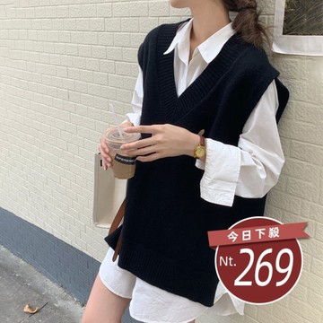 【台灣發貨】韓版簡約V領毛衣背心 長袖上衣 長袖t恤 衣服 女裝 上衣【W547】