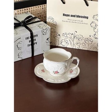 ins法式復古米黃色浮雕陶瓷咖啡杯碟歐式下午茶杯子伴手禮物