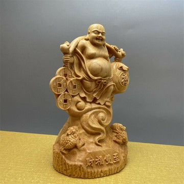 佛像 宗教擺件 家居擺件崖柏木雕挑金幣彌勒佛擺件金錢元寶招財佛像納福家居辦公室工藝品