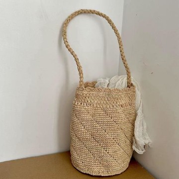 拉菲草手工編織小號水桶包草編包沙灘包女士法式夏季米色天然植物