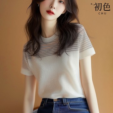 初色  純色拼接條紋圓領短袖針織衫針織T恤上衣女上衣-白色-33383(F可選/現貨+預購)