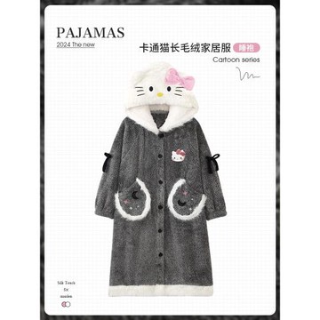 (免運)可愛睡袍連帽珊瑚絨睡衣女秋冬加絨加厚法蘭絨毛絨保暖浴袍家居服