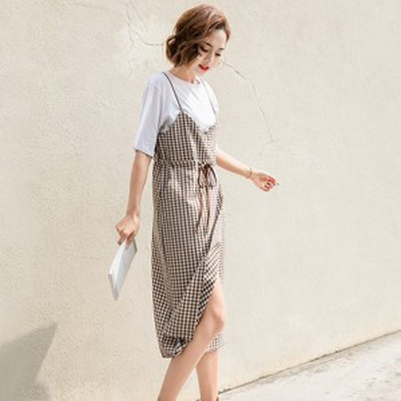ギンガムチェック柄 ミモレ丈ワンピース ひざ下丈 ビスチェ風キャミワンピース レディース 韓国 オルチャン ファッション 春服 夏服 レデ 通販 Lineポイント最大get Lineショッピング