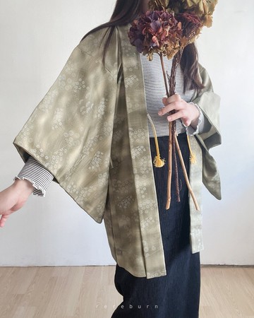 日本製和風印花綠色古著羽織和服外套