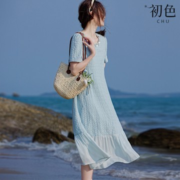 初色 小香風肌理感拼接裝飾圓領短袖魚尾連衣裙連身洋裝長洋裝-淺綠色-12519(M-2XL可選)
