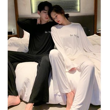 莫代爾棉情侶睡衣女春秋款純棉長袖簡約男士秋冬款休閑家居服套裝