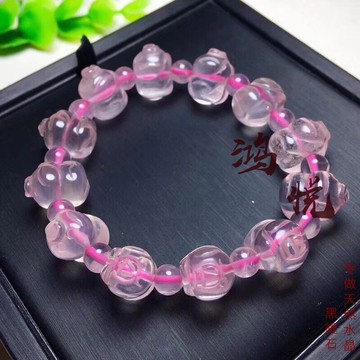 粉水晶精雕可愛小豬手鏈 女款單圈飾品手鏈