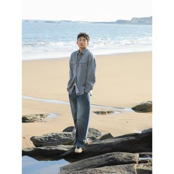 呂小虎ACTUP 藍色牛仔條紋長袖襯衫男春季翻領工裝襯衣青少年外套