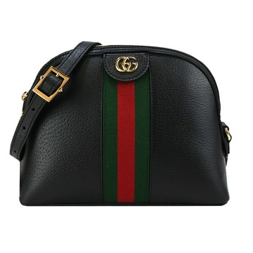 GUCCI 經典Ophidia系列綠紅綠織帶牛皮拉鍊貝殼包（黑色） _廠商直送