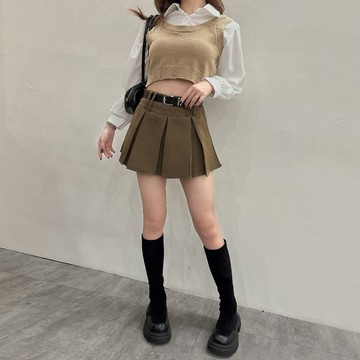 附腰帶西裝百褶短裙-卡【KT21973】