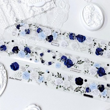 藍白玫瑰 透明 PET 虛線膠帶