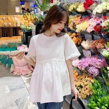 拼接T恤女 上衣 T恤 方領上衣 短袖衫 孕婦裝上衣夏裝寬鬆韓版寬鬆拼接娃娃衫襯衫休閒短袖孕婦T恤夏季 女裝 上衣