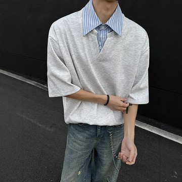 假兩件T恤男設計感小眾潮牌襯衫領夏季短袖高級感寬松半袖polo衫鑫弘-衣錦男裝