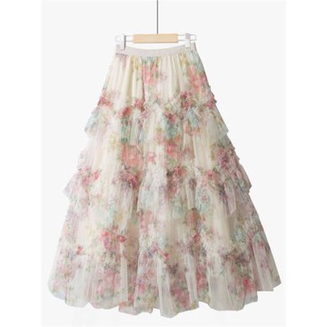 春韓系拼接網紗仙大裙擺長款花朵印花法式蕾絲公主邊網紗半身裙