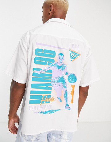 ASOS DESIGN boxy oversized revere shirt in white with basketball back print
