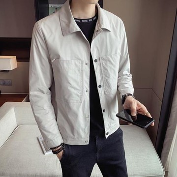 工裝外套男ins潮牌春秋季2022新款韓版潮流修身翻領純色夾克上衣