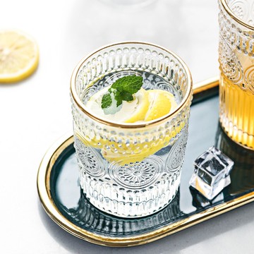 北歐ins復古太陽花浮雕玻璃杯水杯果汁奶茶咖啡杯子酒杯輕奢金邊