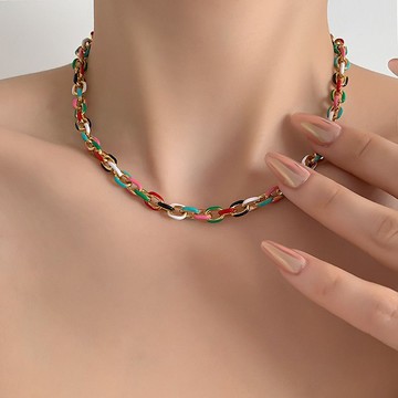 免運🔥歐美ins風鈦鋼琺琅滴油彩色高級感項鍊小衆冷淡風嘻哈鎖骨鏈頸鍊項鏈 安全扣 復古 飾品 鈦鋼 項鍊 嘻哈 頸鍊條