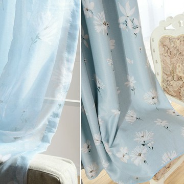 韓式田園小清新淡藍色，米咖色小雛菊全遮光窗簾布，臥室客廳書房