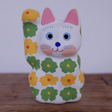 招財貓 花柄 黃色・綠色 右手招財