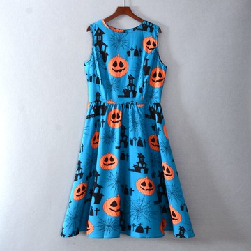 女裝中長裙無袖圓領花色A字裙連衣裙子套頭潮