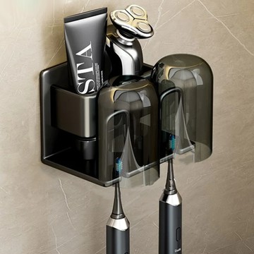 附杯子 免釘膠款 黑色 雙人牙刷收納架  1個