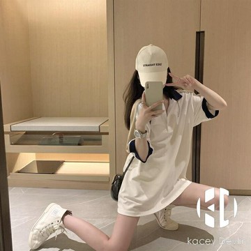 日系翻領polo衫女短袖t恤女夏撞色拼接寬鬆學生上衣【聚物優品】