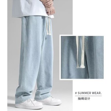 夏季寬松直筒學生牛仔褲2025男士薄款美式高街工裝闊腿休閑褲子男