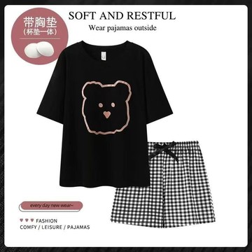 【台灣现貨】莫代爾睡衣 胸墊睡衣 女生睡衣 帶胸墊睡衣 韓版睡衣 大碼睡衣 睡衣套裝 短袖睡衣 寬鬆睡衣 可愛睡衣居家服