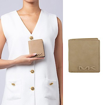 MICHAEL KORS Cooper 荔枝紋浮雕Logo對開式多卡輕巧短夾(駝色)