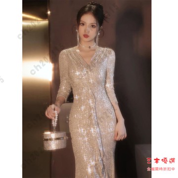 尾牙禮服 洋裝 法式晚禮服女長袖新款高級感宴會氣質名媛高端輕奢小眾閃亮連衣裙交換禮物 三木優選