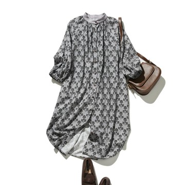 春日優雅圖案襯衫洋裝 棉混親膚 輕熟風格 灰色 250304-2
