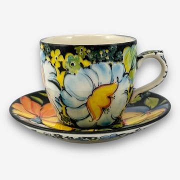 波蘭手繪手工陶-咖啡杯盤組 200ML 夜韻花舞系列 限量版