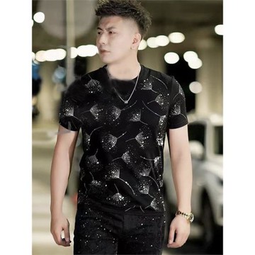 抖音同款潮流時尚男士夏季短袖高品質燙鉆帥氣青年爆款休閑T恤衫